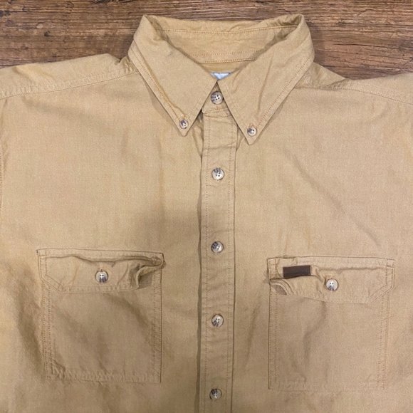 Carhartt Chambray Khaki Workwear Long Sleeve Twin Pocket Button Up Shirt Men's L - Picture 1 of 11